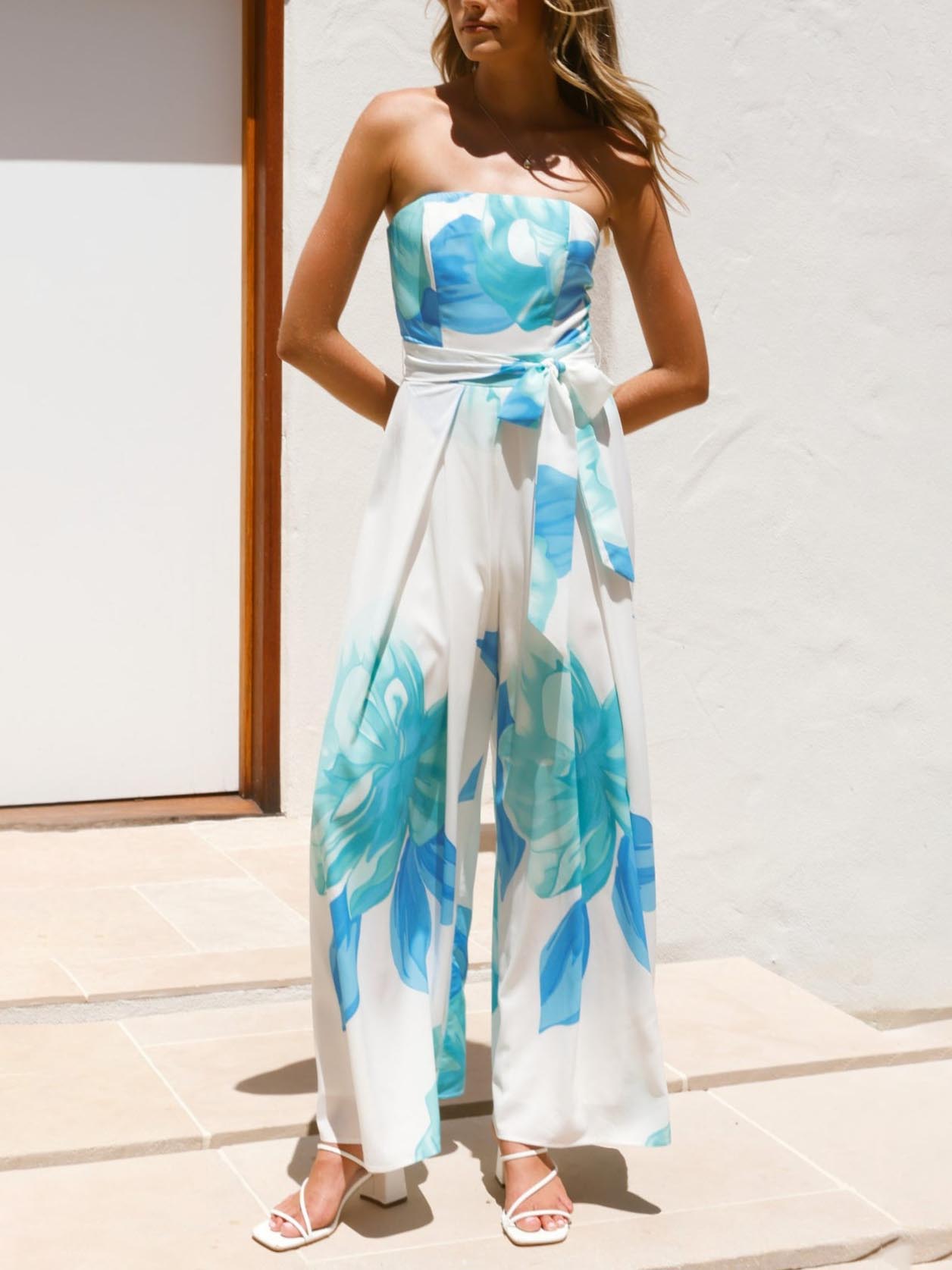 Elegant Blue Floral Print Strapless Jumpsuit