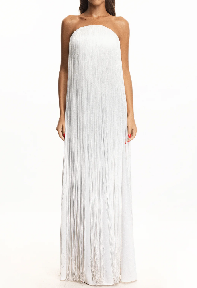 Elegant Strapless Fringe Formal Maxi Dress