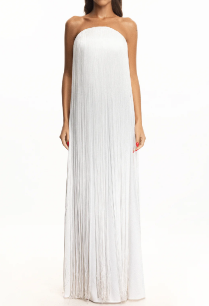 Elegant Strapless Fringe Formal Maxi Dress