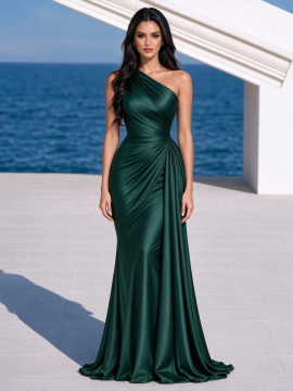 Emerald Green One Shoulder Ruched Satin Maxi Dress Elegant Evening Gown