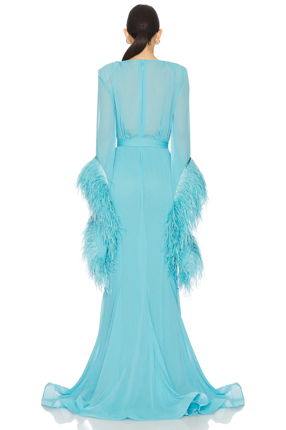 Elegant V-Neck Feather Cuff Chiffon Flowing Party Maxi Dress