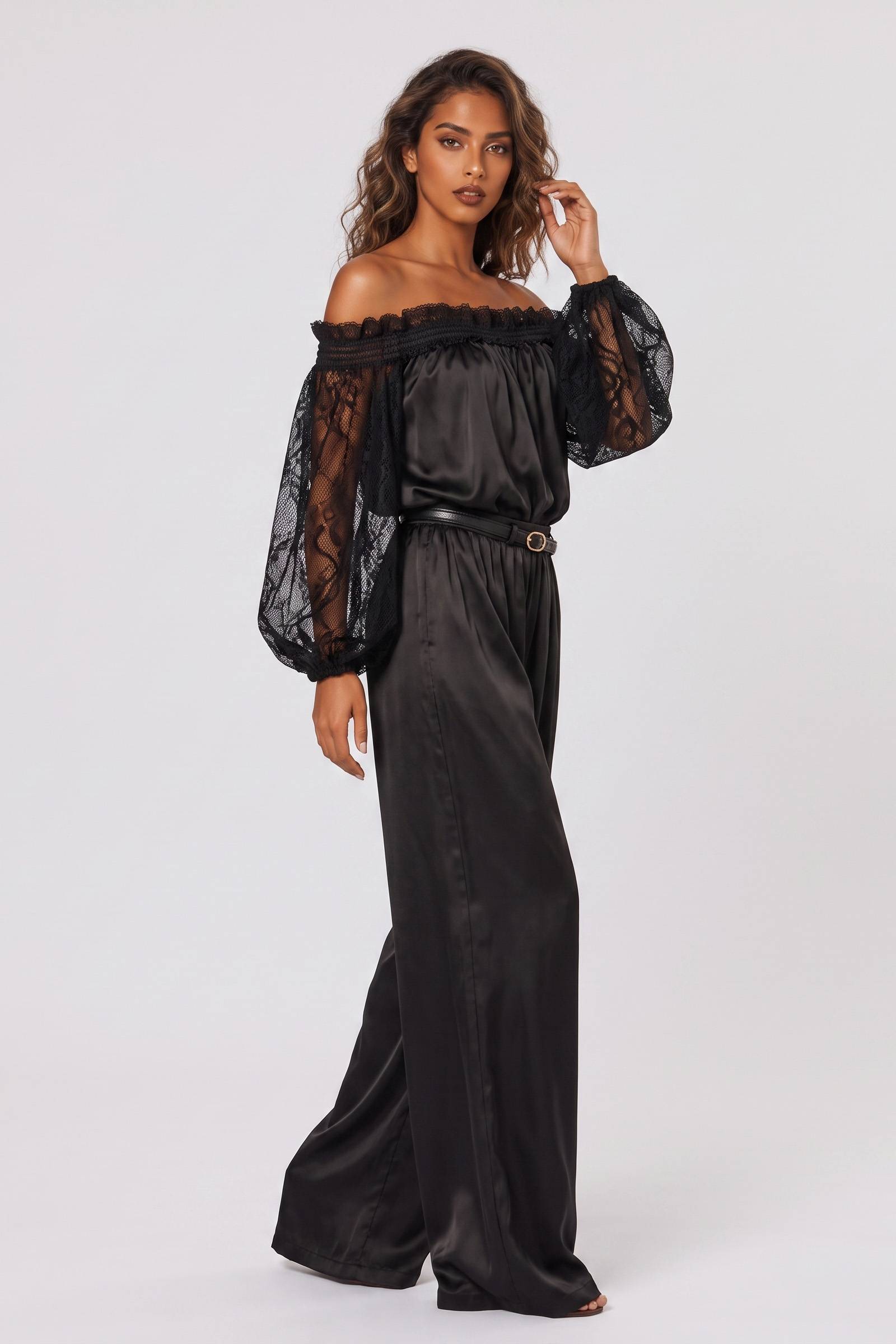 Elegant Satin Shoulder Lace Stitching Sleeve Top Wide Leg Pants Set