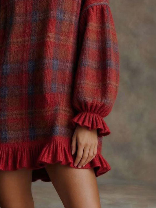 Casual Plaid Fun Ruffle Sweater Dress