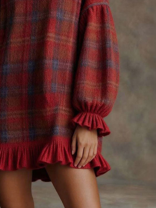 Casual Plaid Fun Ruffle Sweater Dress