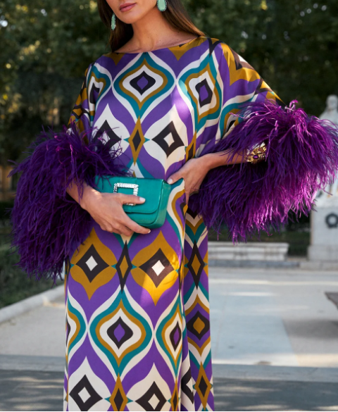 Elegant Geometric Print Feather Cuff Satin Maxi Dress