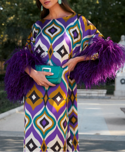 Elegant Geometric Print Feather Cuff Satin Maxi Dress