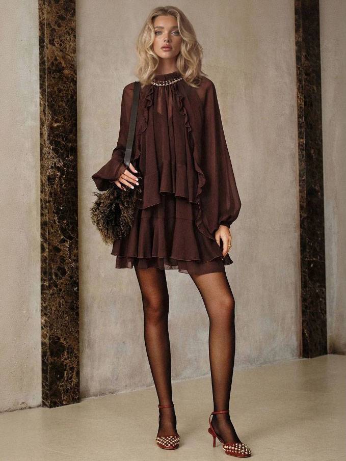 Semi-Sheer Chiffon Ruffle Shirt And Mini Dress Suit（Necklace Not Included）