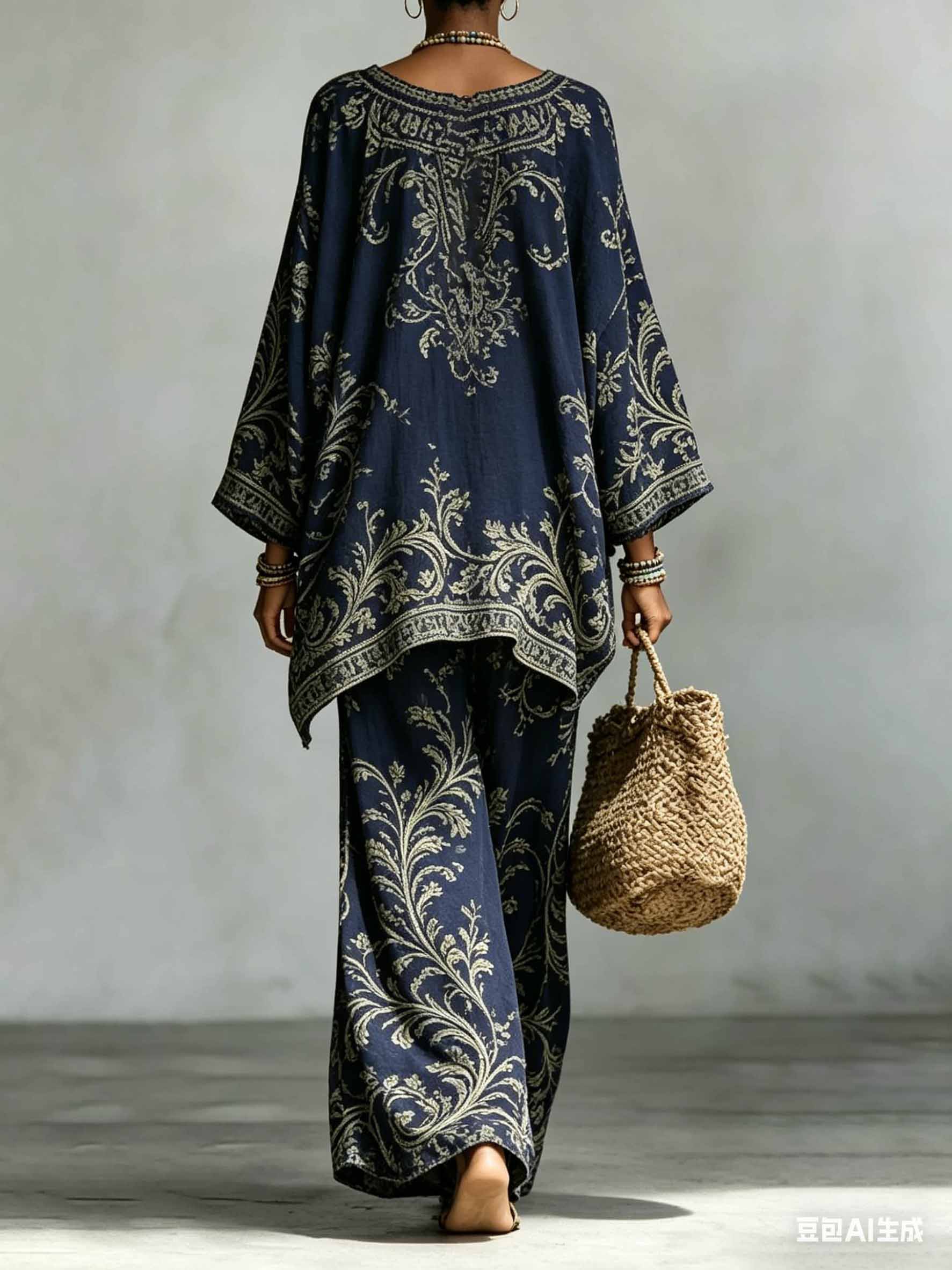 Casual Bohemian Leaf Print Batwing Sleeve Shirt Two-Piece Set