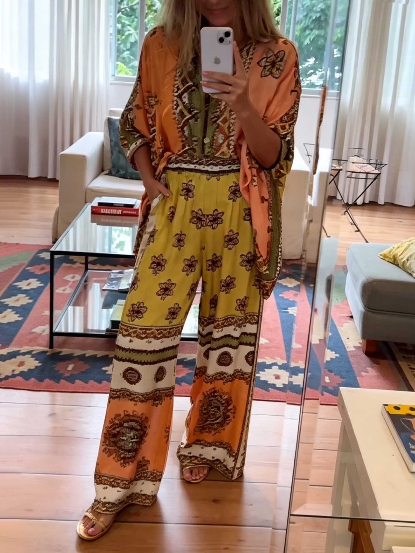 Unique Satin Paisley Print Wide-Leg Pants