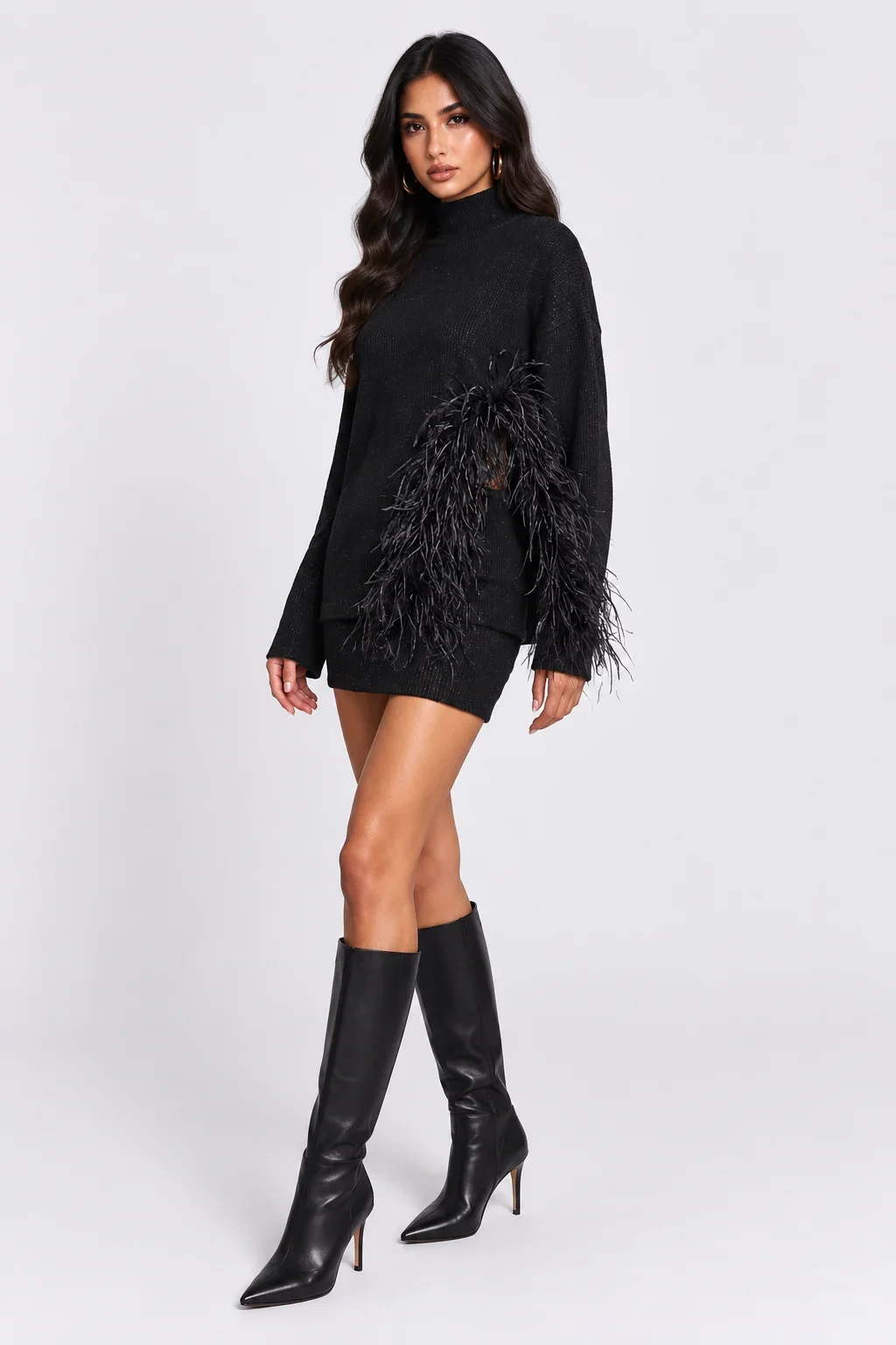 Black Feather Trim Mock Neck Knit Sweater and Mini Skirt Two Piece Set [erp-image:26864923f8f05e45d4cd7226]