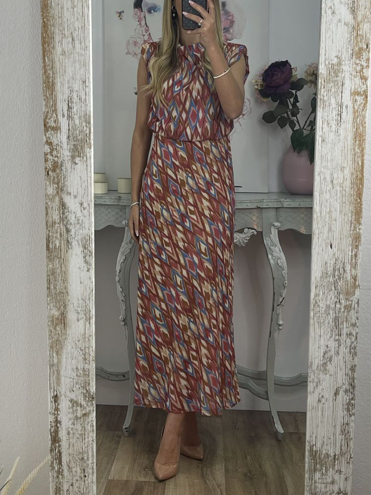 Elegant Painted Geometric Print Sleeveless Midi Dress