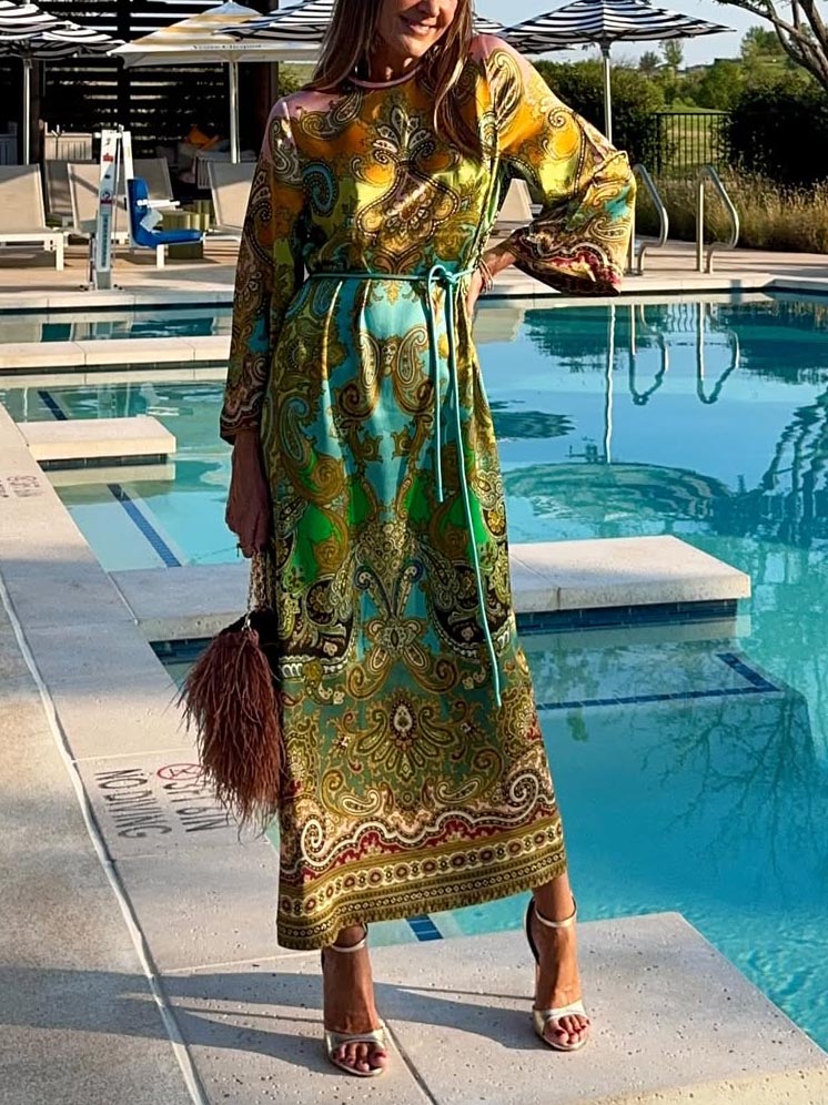 Unique Paisley Print Long Sleeve Maxi Dress