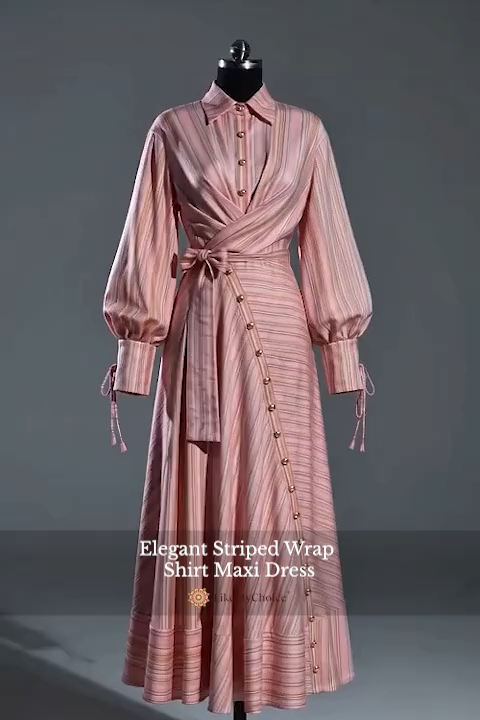 Elegant Striped Wrap Shirt Maxi Dress