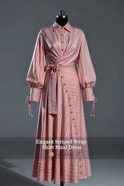 Elegant Striped Wrap Shirt Maxi Dress