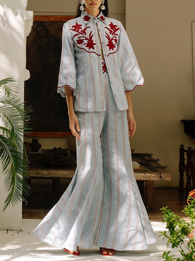Bohemian Blue Stripe Flare Pants Two-Piece Set