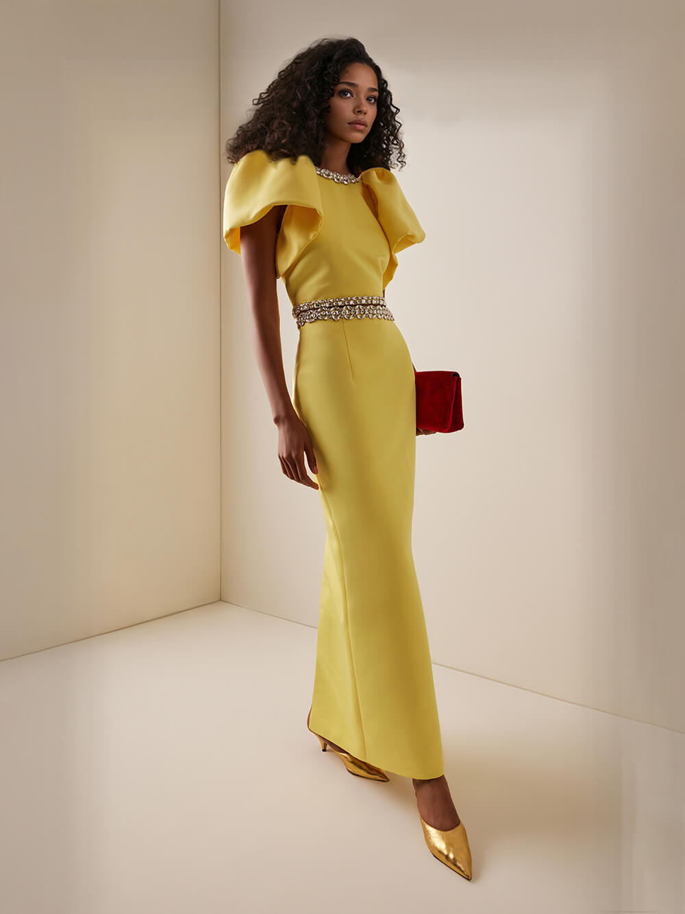 Exquisite Rhinestone-Embellished Puff Sleeve Top And Slit Maxi Skirt Set