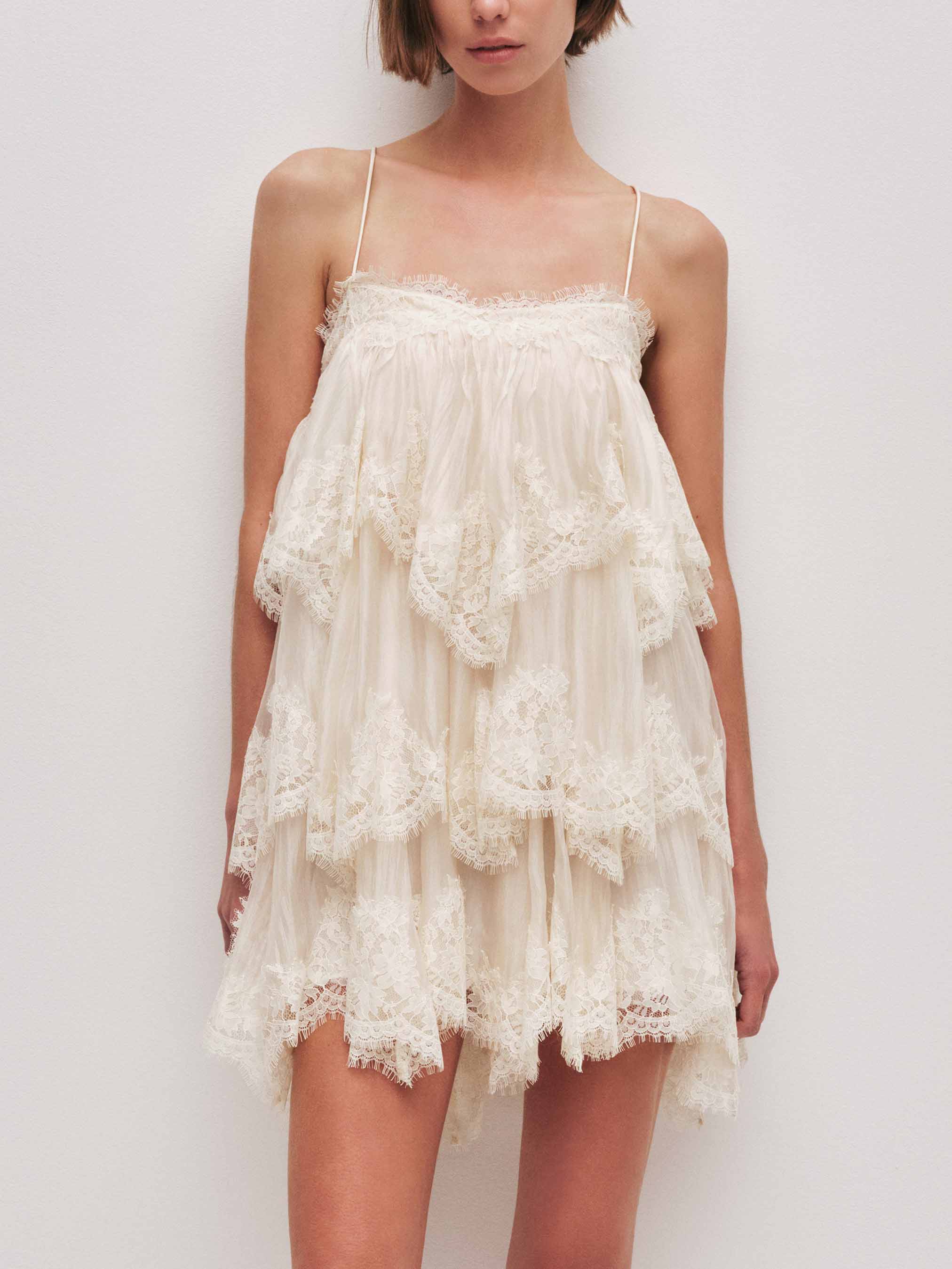 Elegant Layered Lace-Trim Spaghetti Strap Mini Dress