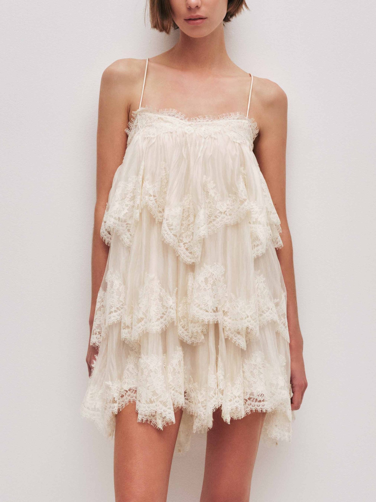 Elegant Layered Lace-Trim Spaghetti Strap Mini Dress