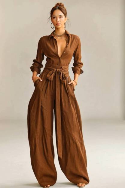 Minimalist Shirt And Lace-Up Wide-Leg Pants Set