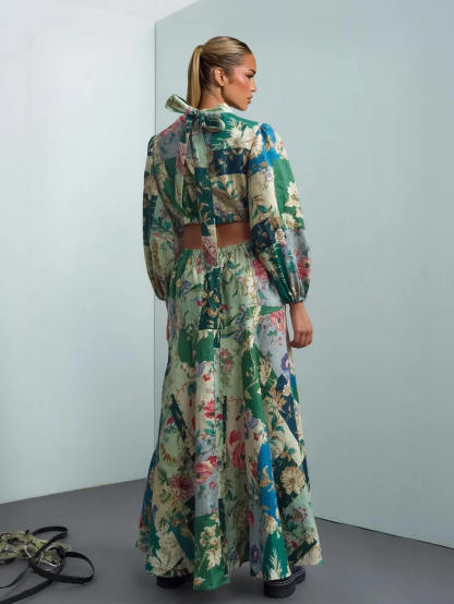 Delicate Floral Print Tie-Back Lantern Sleeve Maxi Dress