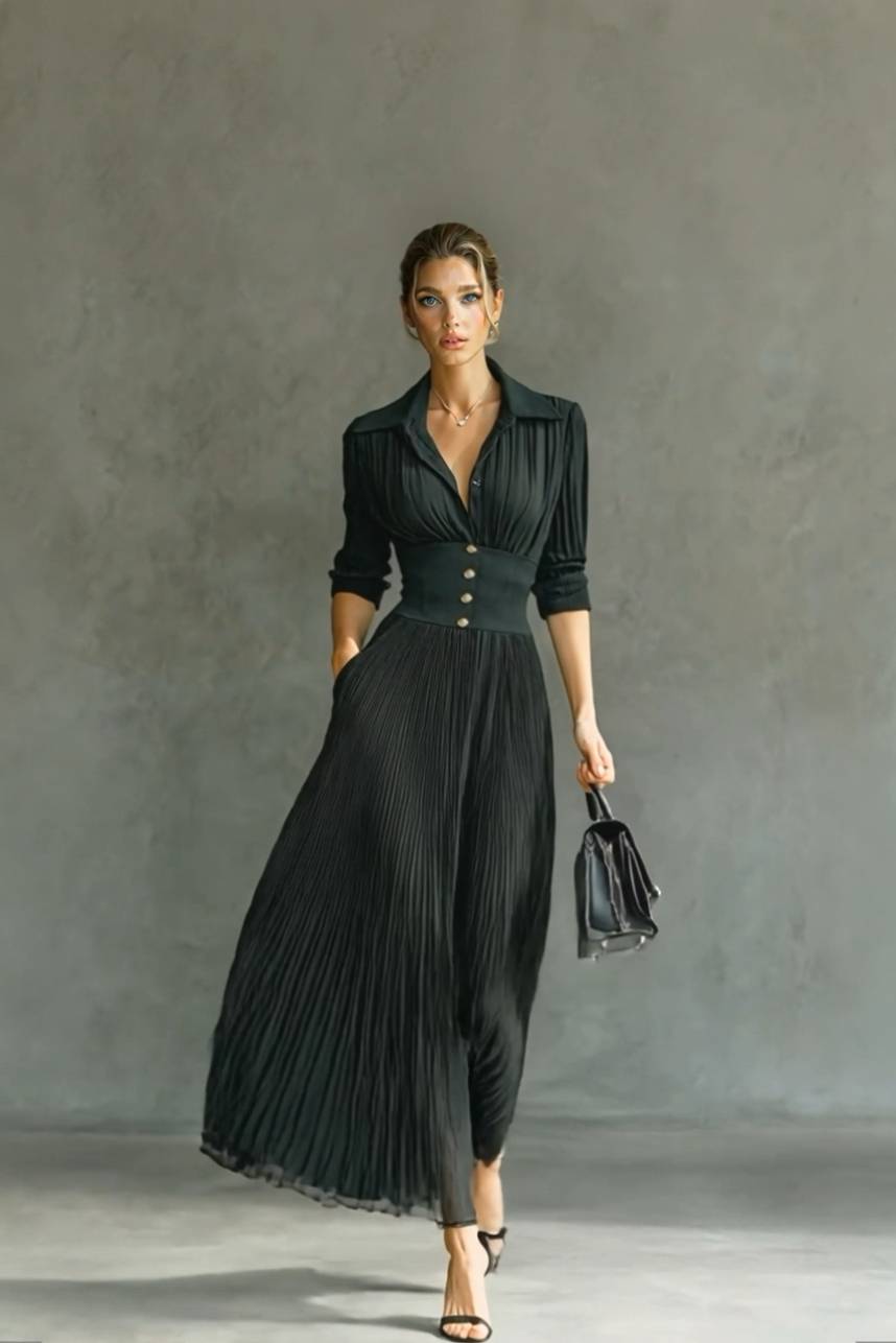 V-Neck Pleated High-Waist Dress