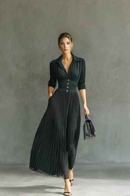 V-Neck Pleated High-Waist Dress