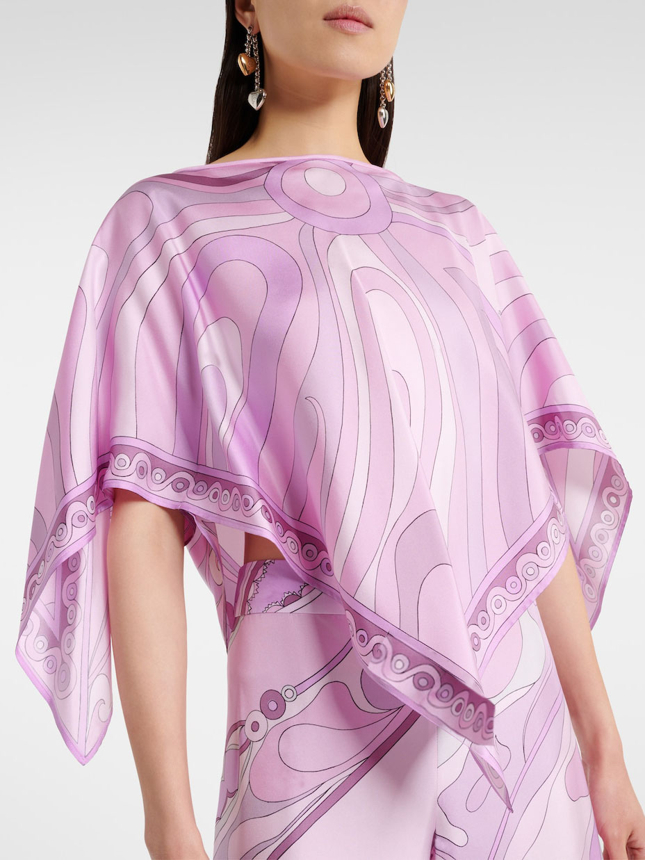 Exquisite Abstract Swirl Print Satin Asymmetric Hem Shirt