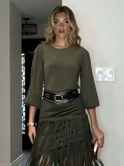 Elegant Bell-Sleeve Solid Knit Top