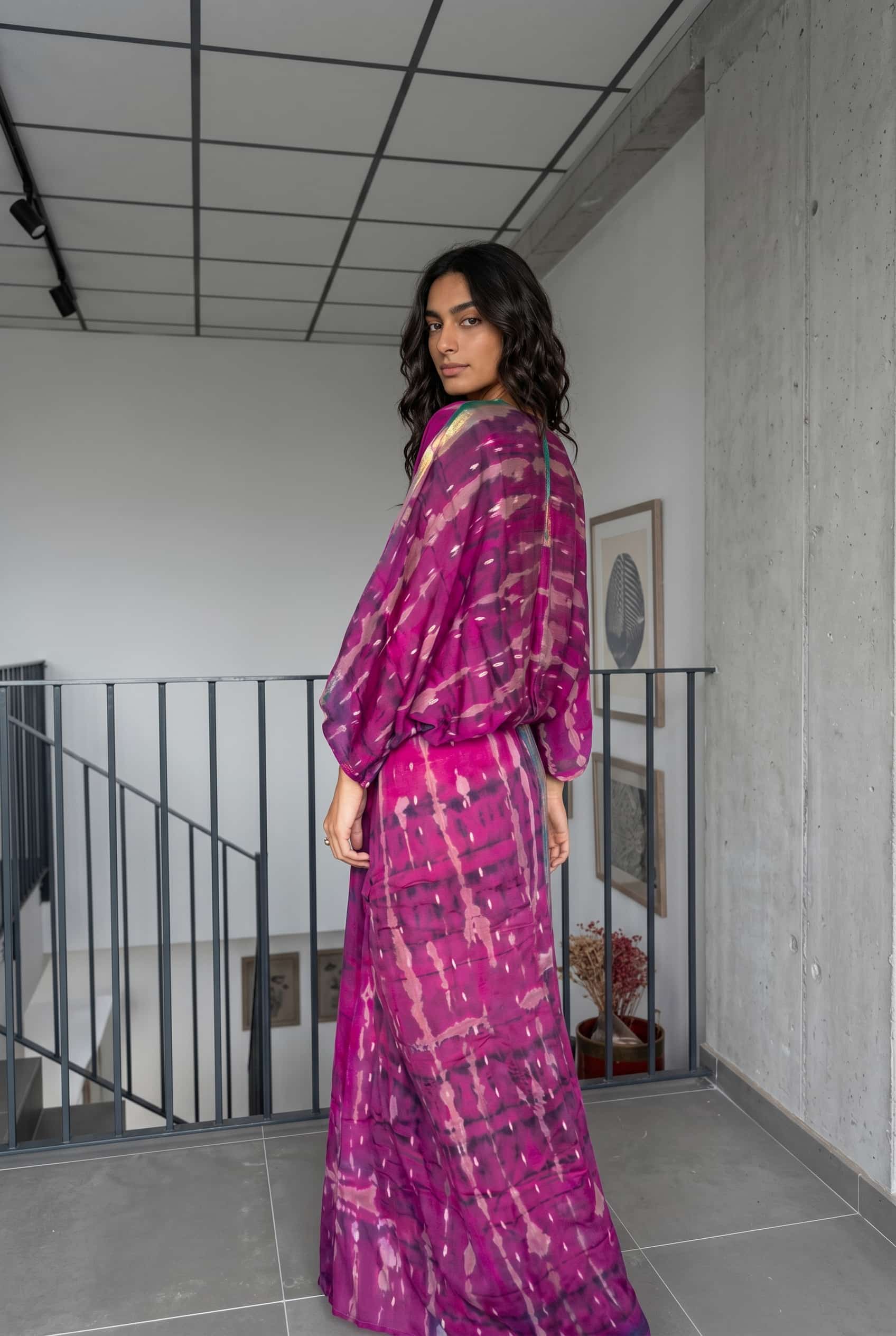 V-Neck Printed Patchwork Slit Streamer Design Maxi Dress