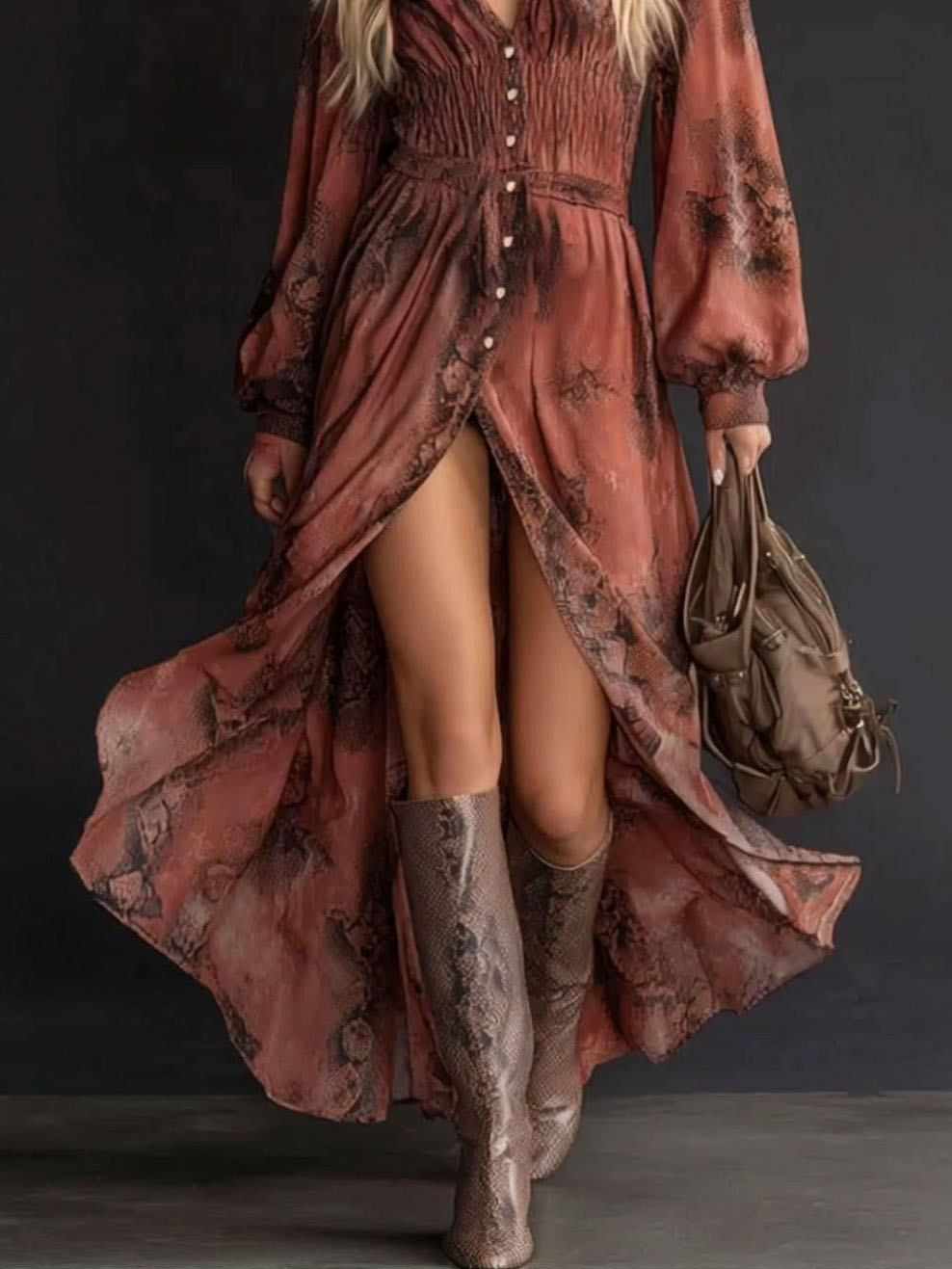 Casual V-neck Long-sleeved Floral Maxi Dress