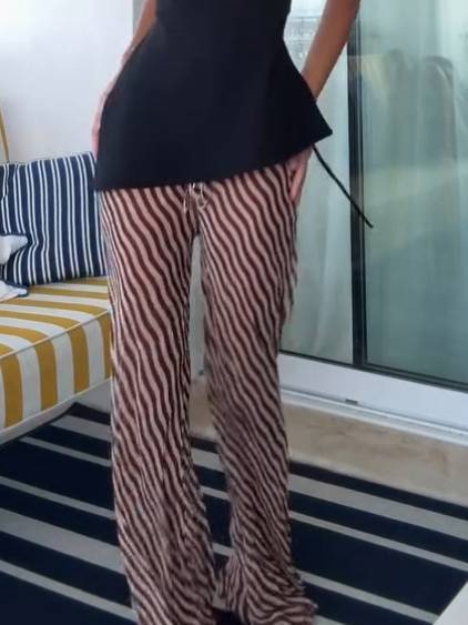 Slant-neck Backless Top And Sstripe Printed Wide Leg Pants Set-Pants