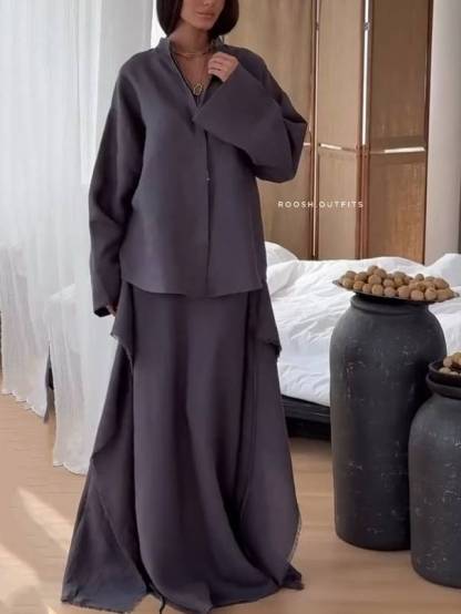 Stand Collar Shirt And Lace-up Skirt Suit