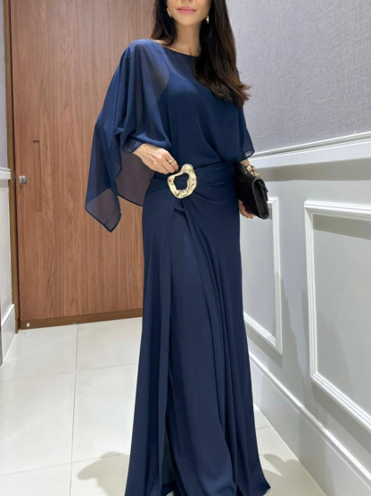 Elegant Chiffon Cape Top & Wide-Leg Pants Two-Piece Set