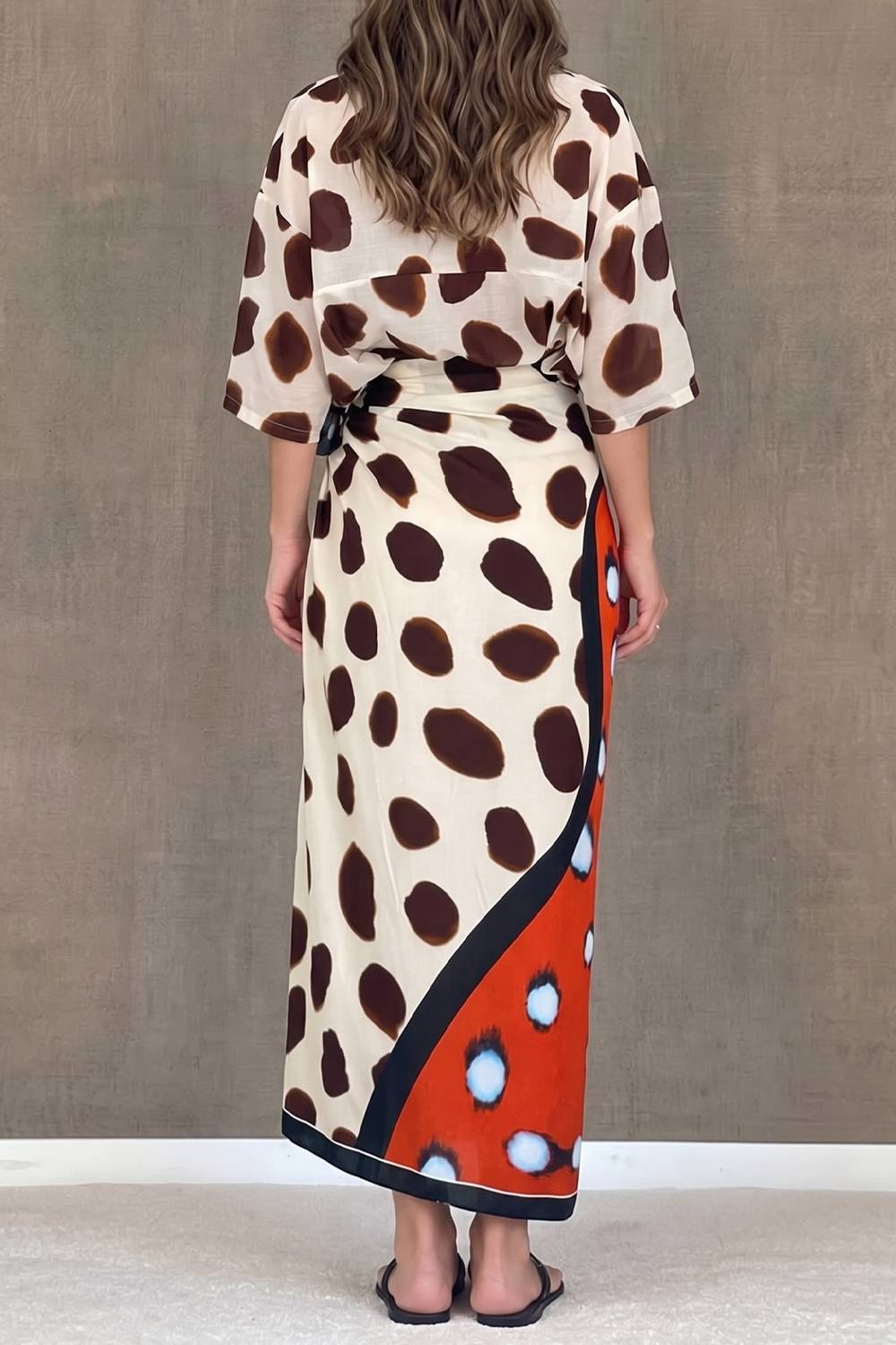 Contrast Print Button‑Down Shirt & Wrap Sarong Midi Skirt Two‑Piece Set