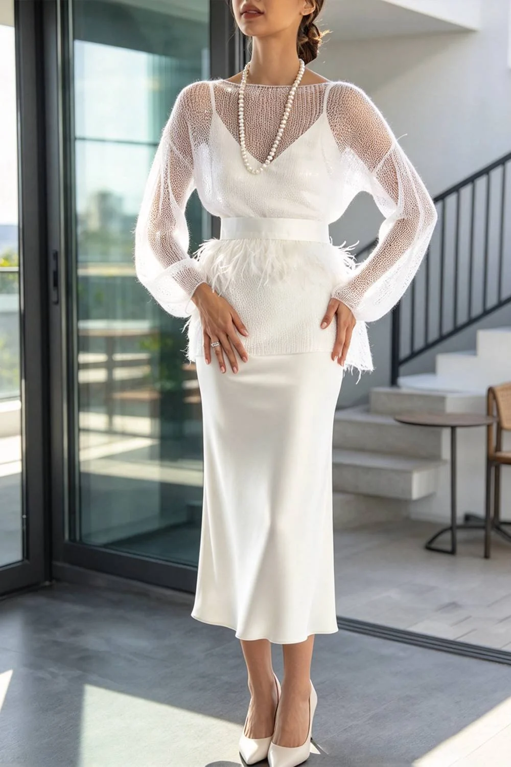 Champagne Open Knit Sweater and Satin Midi Skirt Two Piece Set with Feather Belt