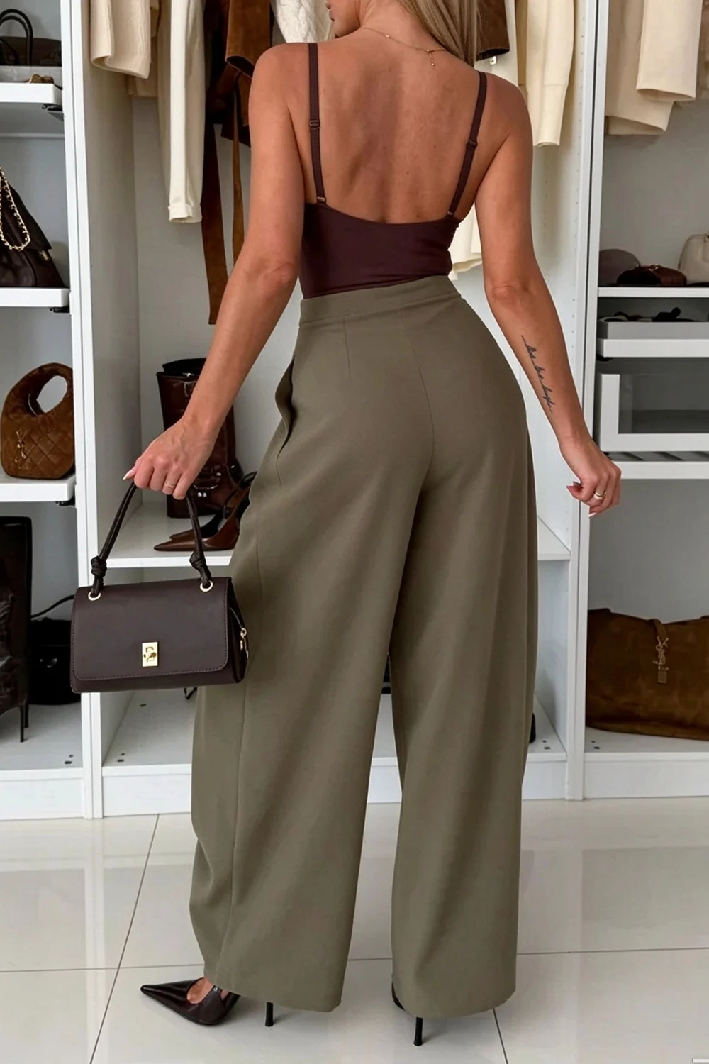 High-Waisted Asymmetric Double-Button Wide-Leg Trousers in Chocolate Brown