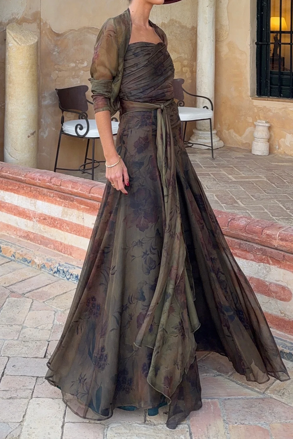 Strapless Ruched Crop Top and Flowing Maxi Skirt Floral Two Piece Set
