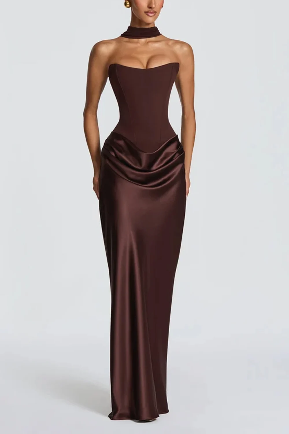 Strapless Corset Draped Satin Maxi Dress with Chiffon Neck Scarf