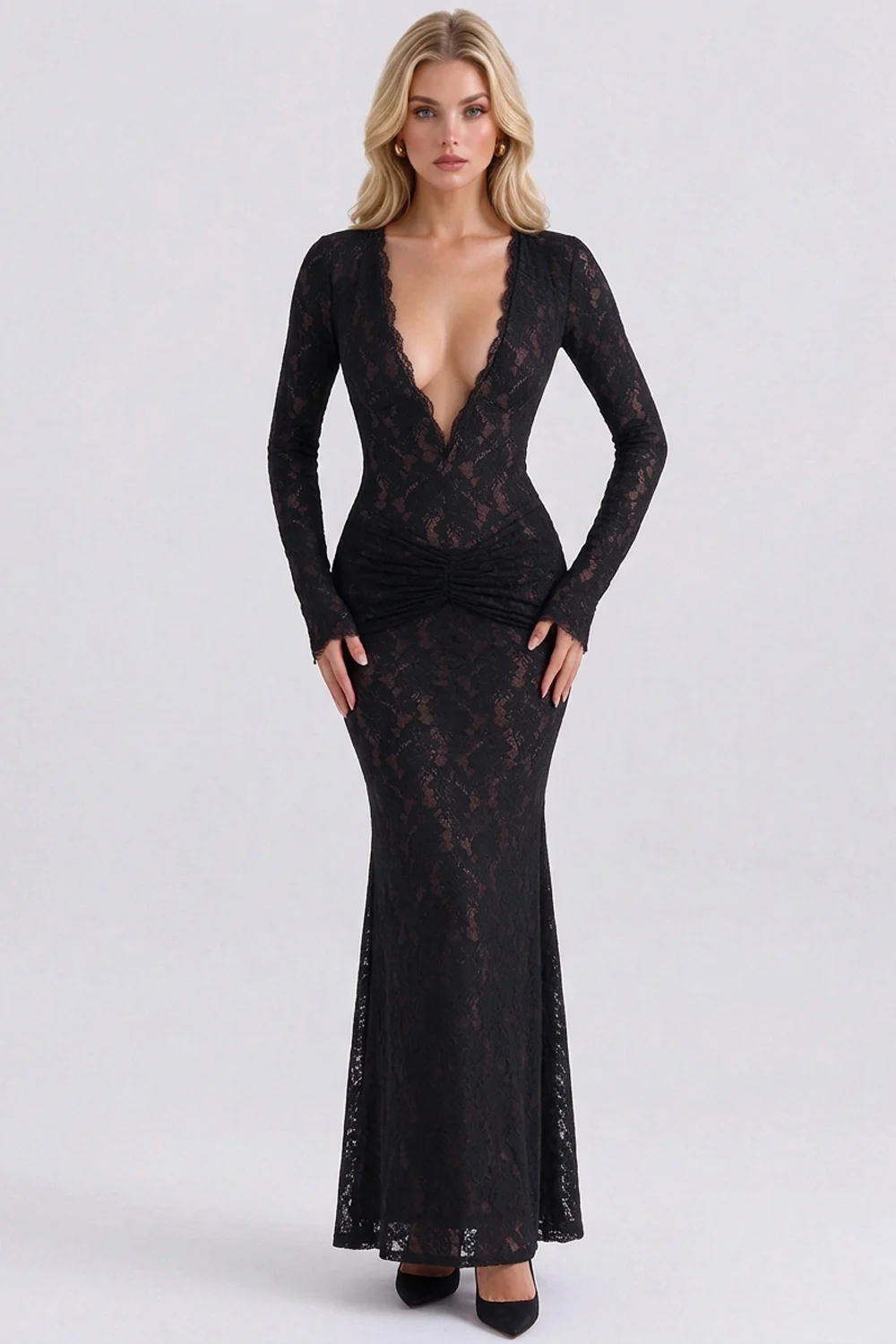 Black Lace Deep Plunge V-Neck Long Sleeve Ruched Bodycon Maxi Evening Dress [erp-image:1c97599e669a891e489a4cfa]
