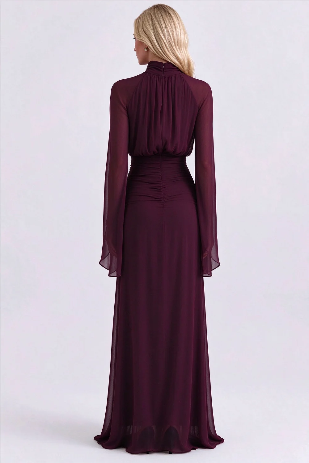 High Neck Pleated Bodice Flared Sleeve Ruched Maxi Evening Dress [erp-image:ee106ff1a2454709ff024f69]