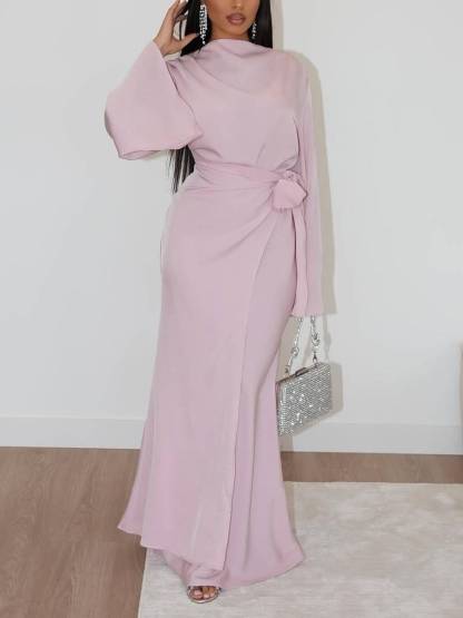 Waist Lace-up Design Long Sleeve Maxi Dress