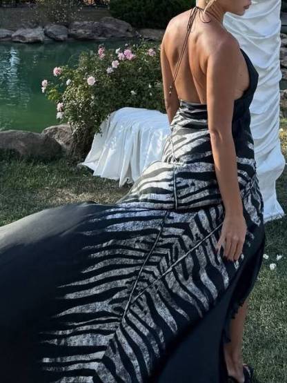 Zebra-Print Irregular Hem Sling Maxi Dress