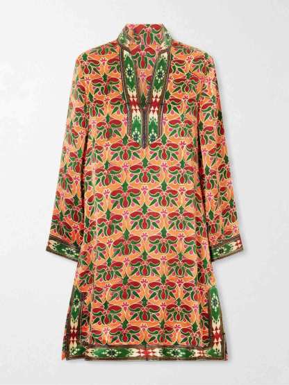 Ethnic Floral Print Long Sleeve Tunic Mini Dress