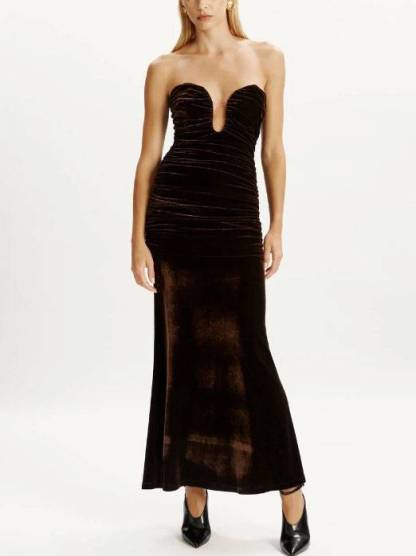 Tube Top Pleated Velvet Maxi Dress