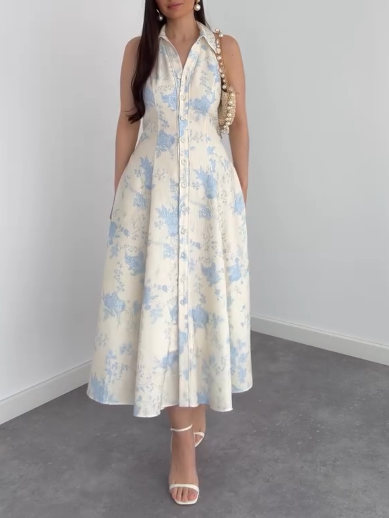 Casual Floral Print Sleeveless Shirt Midi Dress