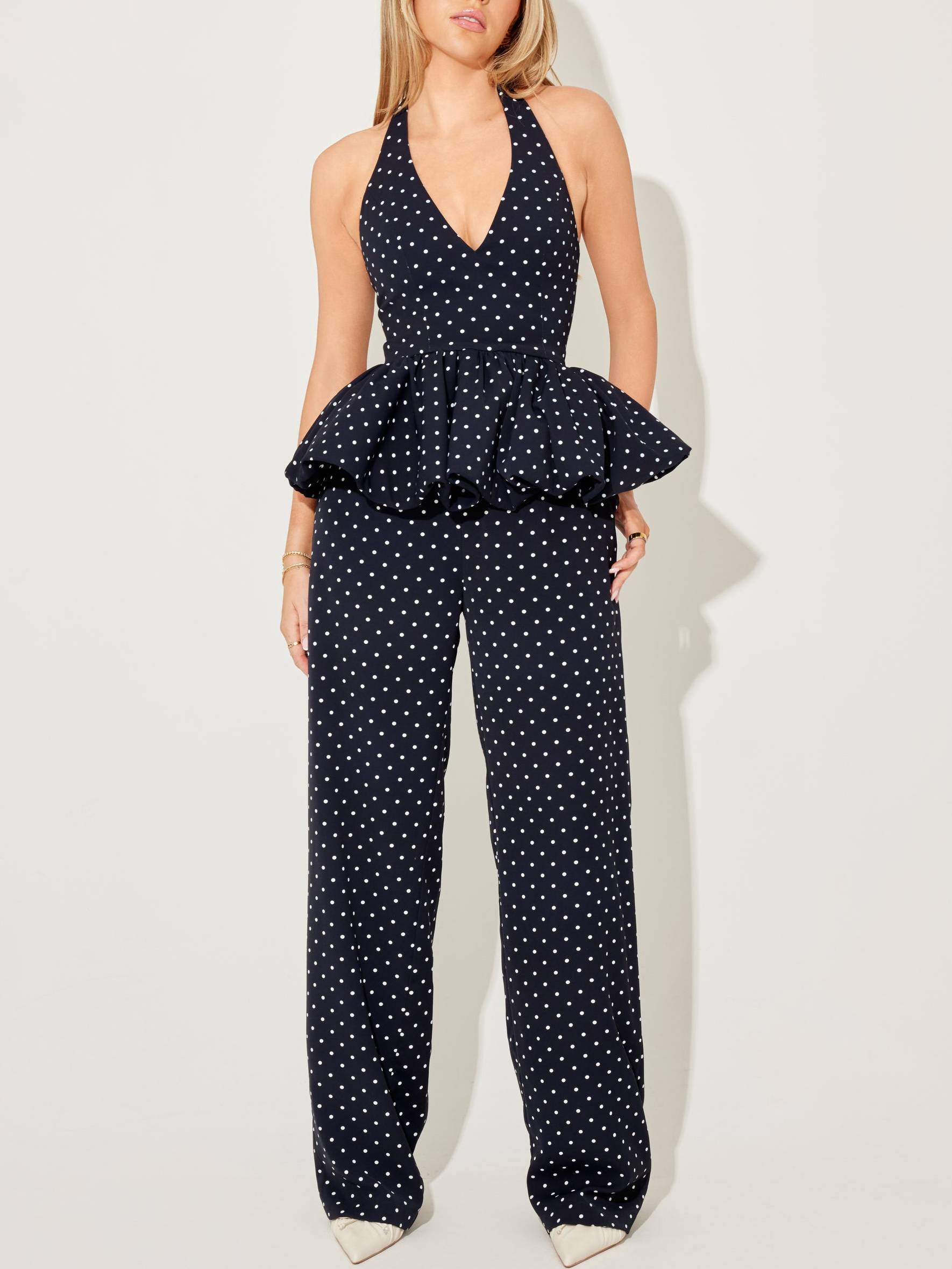 Vintage Polka Dot Halterneck Lace-up Top And Wide Leg Pants Suit-Pants
