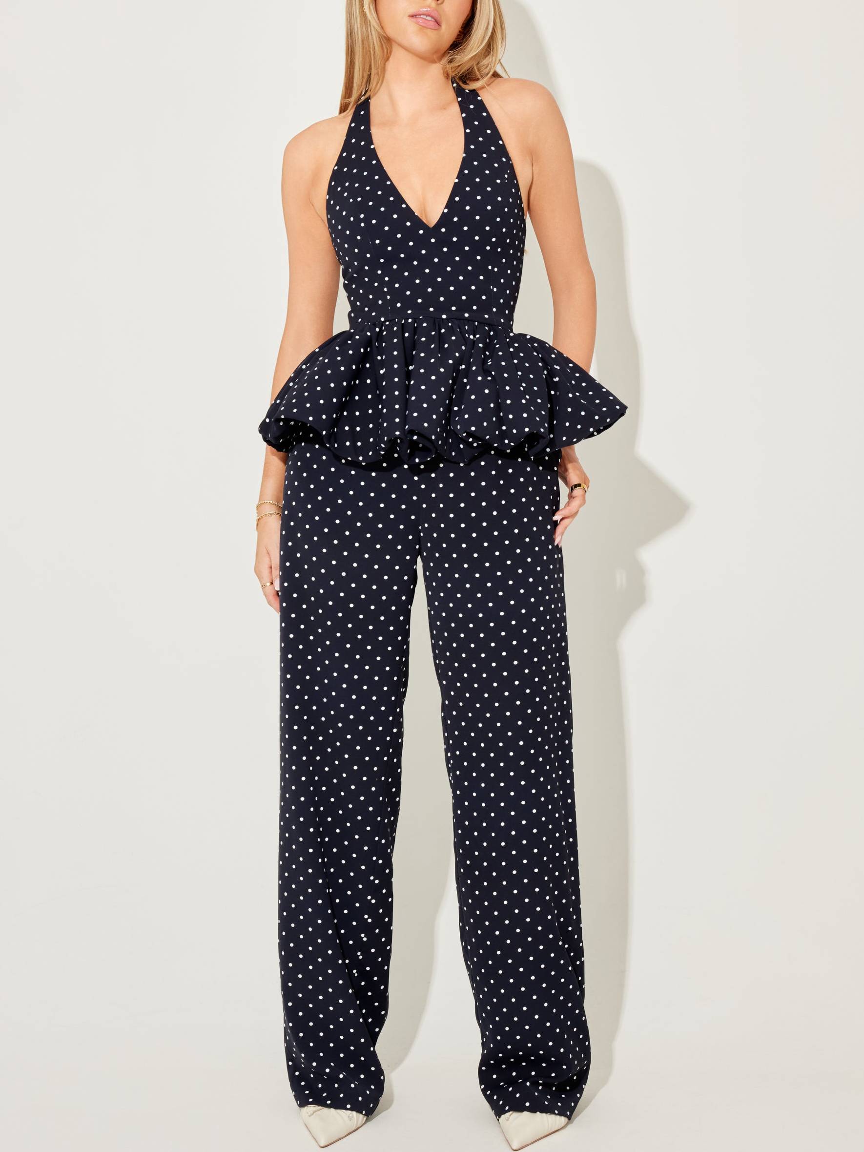 Vintage Polka Dot Halterneck Lace-up Top And Wide Leg Pants Suit-Pants
