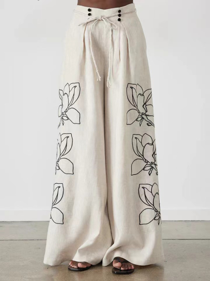 Vintage Pastoral Printed Wide-Leg Pants