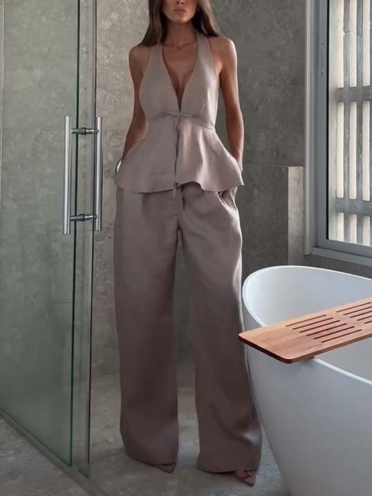 Elegant Halter Neck Lace-up Top And Wide Leg Pants Suit-Pants