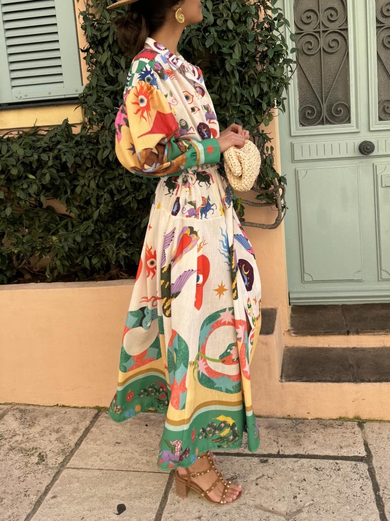 Unique Tarot Print Button-Up Shirt Maxi Dress